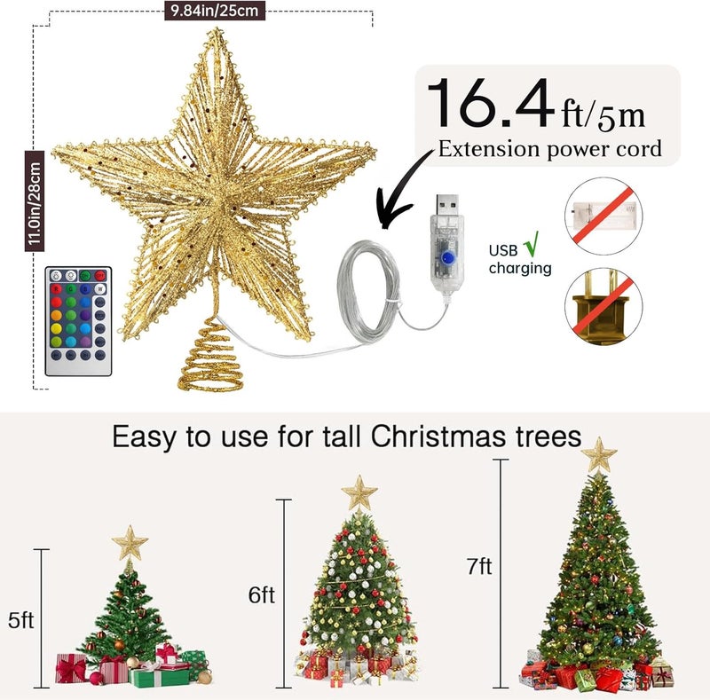 WVSAFV Christmas Tree Topper Star Gold, Christmas Tree Toppers with 40 Coloured & Warm LED Lights, Tradition Tree Topper Star for Home Holiday Xmas Tree Christmas Decor, Glitter Gold - Image 4